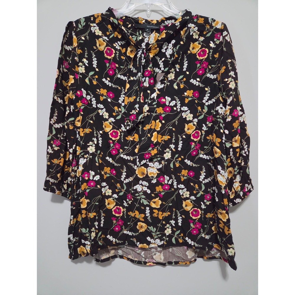 Harve Benard Floral Tie Neck Blouse Black Pink Yellow Gold Foil Rayon Top M